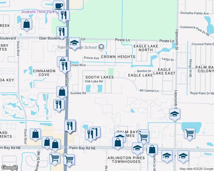 map of restaurants, bars, coffee shops, grocery stores, and more near 4343 Blue Lake Drive in Melbourne