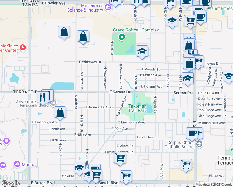 map of restaurants, bars, coffee shops, grocery stores, and more near 4821 East Serena Drive in Tampa