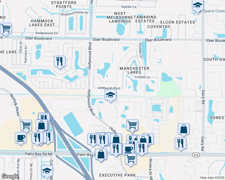 map of restaurants, bars, coffee shops, grocery stores, and more near 1835 Litchfield Drive in West Melbourne
