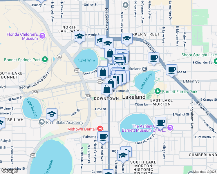 map of restaurants, bars, coffee shops, grocery stores, and more near 121 Florida Avenue South in Lakeland