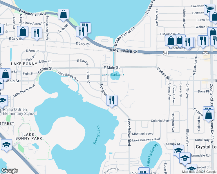map of restaurants, bars, coffee shops, grocery stores, and more near 417 Burbank Avenue in Lakeland