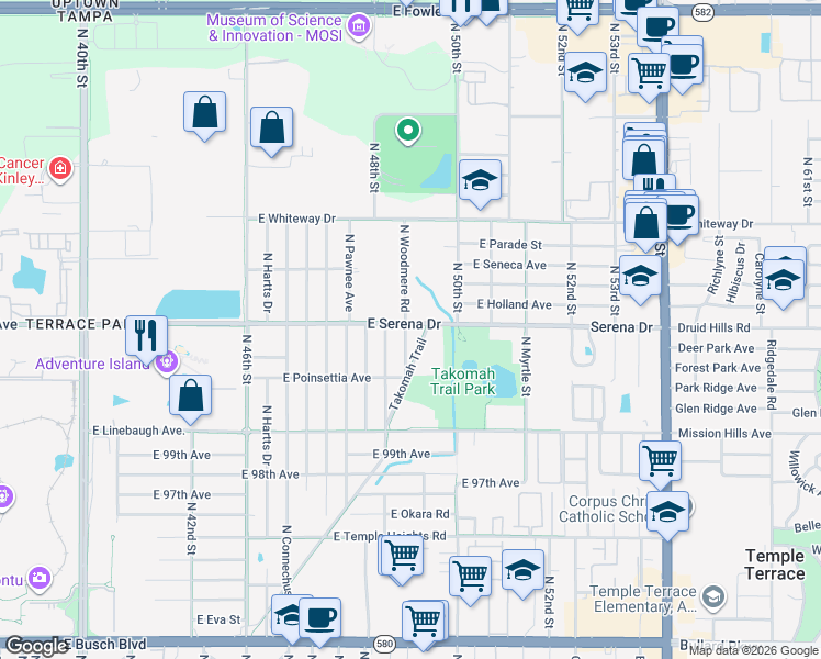 map of restaurants, bars, coffee shops, grocery stores, and more near 10404 North Woodmere Road in Tampa