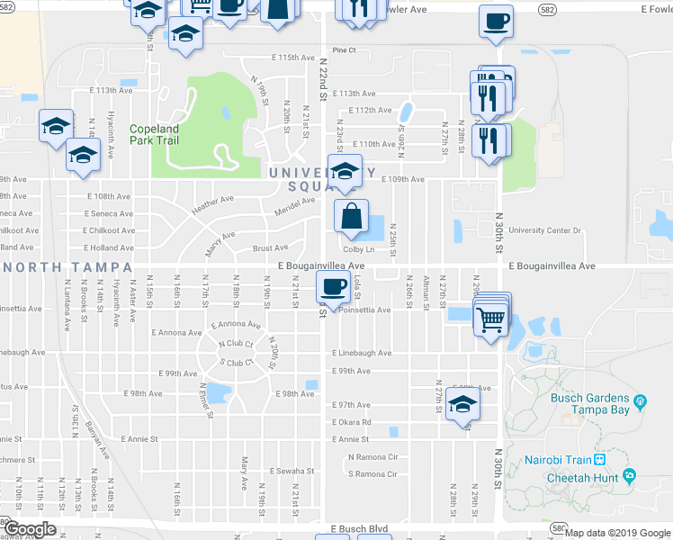 map of restaurants, bars, coffee shops, grocery stores, and more near 2219 Colby Lane in Tampa