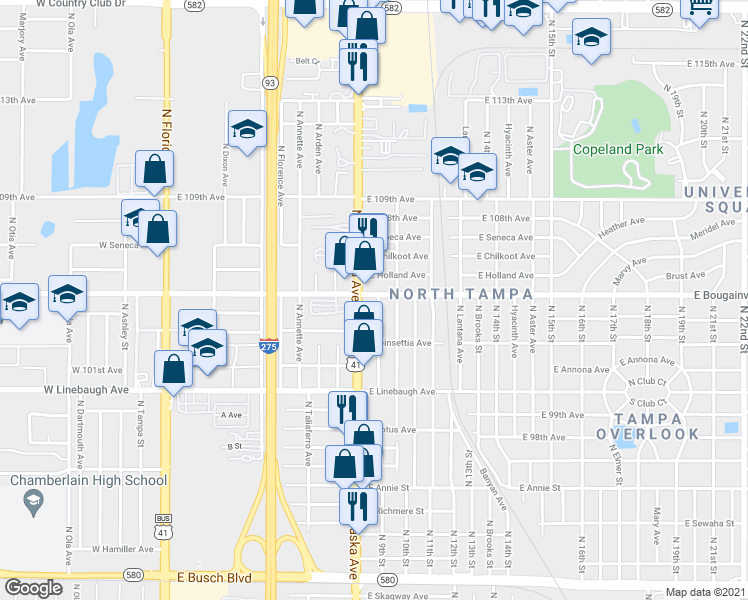 map of restaurants, bars, coffee shops, grocery stores, and more near 909 East Holland Avenue in Tampa