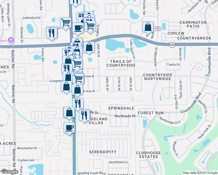 map of restaurants, bars, coffee shops, grocery stores, and more near 29762 67th Way North in Clearwater