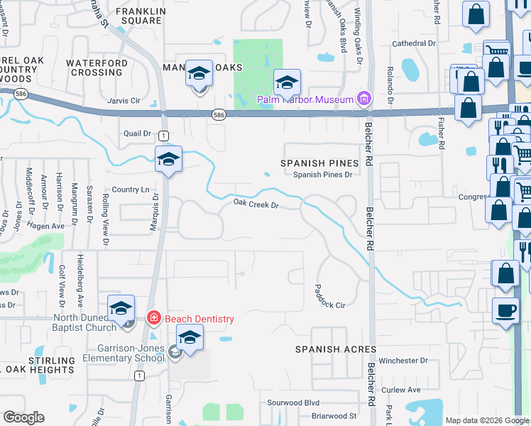 map of restaurants, bars, coffee shops, grocery stores, and more near 1830 Oak Creek Drive in Dunedin