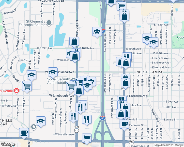 map of restaurants, bars, coffee shops, grocery stores, and more near 305 East Bougainvillea Avenue in Tampa