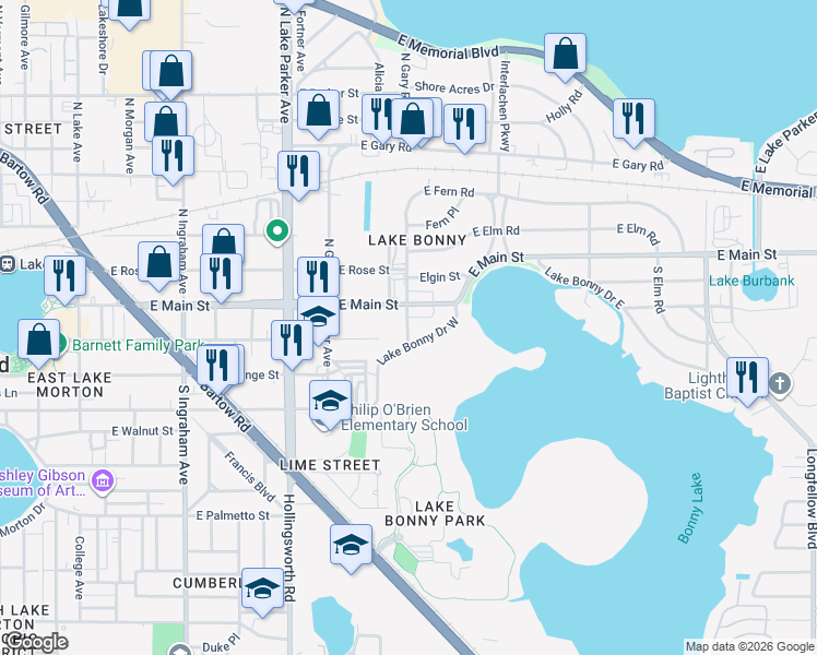 map of restaurants, bars, coffee shops, grocery stores, and more near 1401 East Main Street in Lakeland