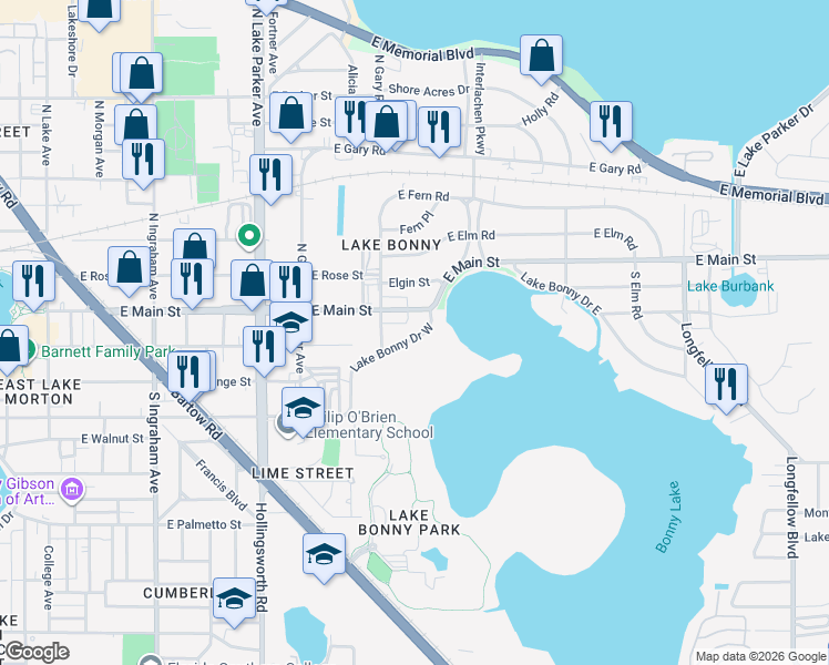 map of restaurants, bars, coffee shops, grocery stores, and more near 1507 East Main Street in Lakeland