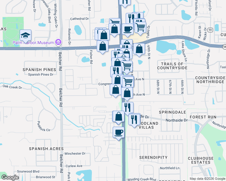 map of restaurants, bars, coffee shops, grocery stores, and more near 3379 Covered Bridge Drive East in Dunedin
