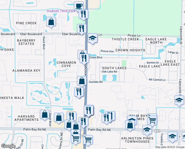 map of restaurants, bars, coffee shops, grocery stores, and more near 4315 South Babcock Street in Melbourne