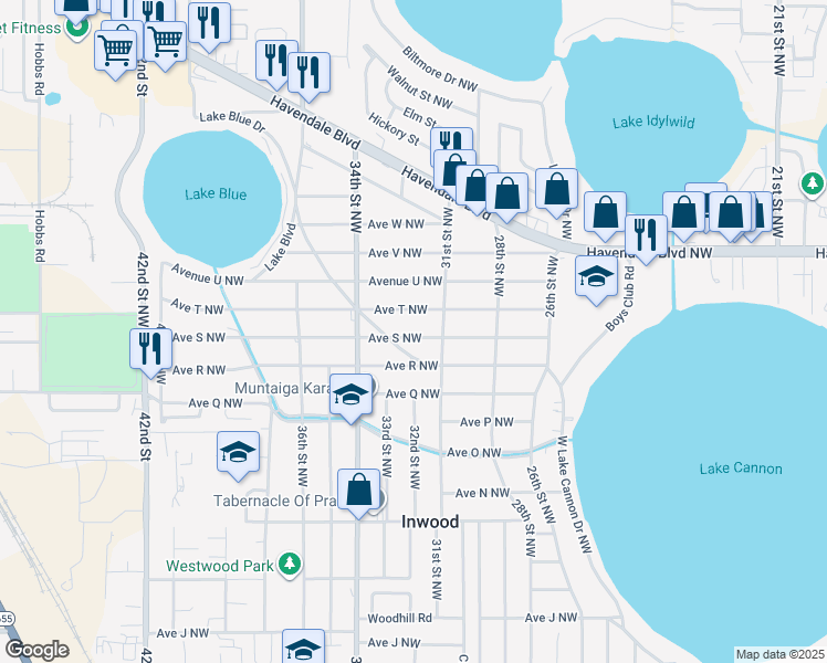 map of restaurants, bars, coffee shops, grocery stores, and more near 3125 Avenue South Northwest in Winter Haven
