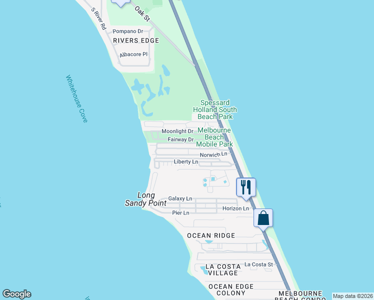 map of restaurants, bars, coffee shops, grocery stores, and more near 447 Fairway Drive in Melbourne Beach