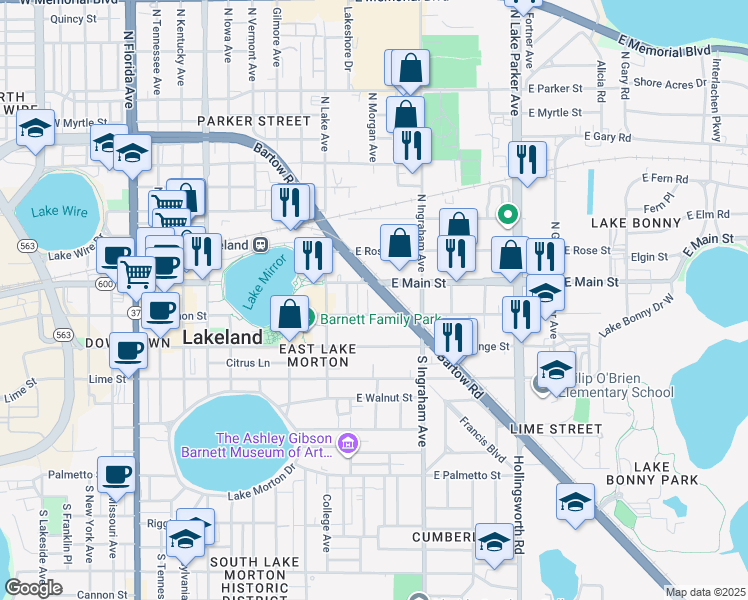 map of restaurants, bars, coffee shops, grocery stores, and more near 912 East Main Street in Lakeland