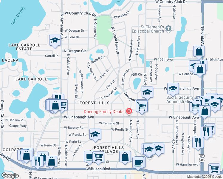 map of restaurants, bars, coffee shops, grocery stores, and more near 1319 Divot Lane in Tampa
