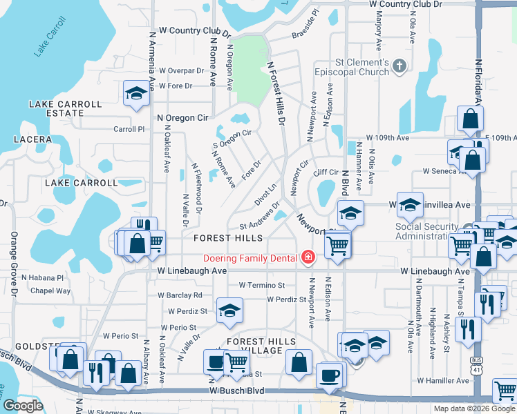 map of restaurants, bars, coffee shops, grocery stores, and more near 1321 Divot Lane in Tampa