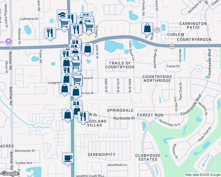 map of restaurants, bars, coffee shops, grocery stores, and more near 29730 67th Way North in Clearwater