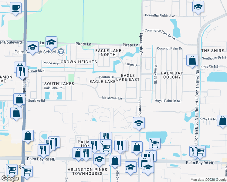 map of restaurants, bars, coffee shops, grocery stores, and more near 4314 Canby Drive in Melbourne