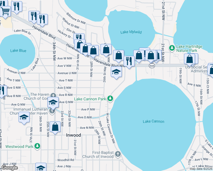 map of restaurants, bars, coffee shops, grocery stores, and more near 1997 26th Street Northwest in Winter Haven