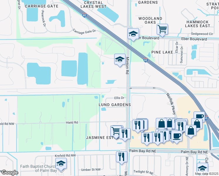 map of restaurants, bars, coffee shops, grocery stores, and more near Norfolk Parkway in West Melbourne
