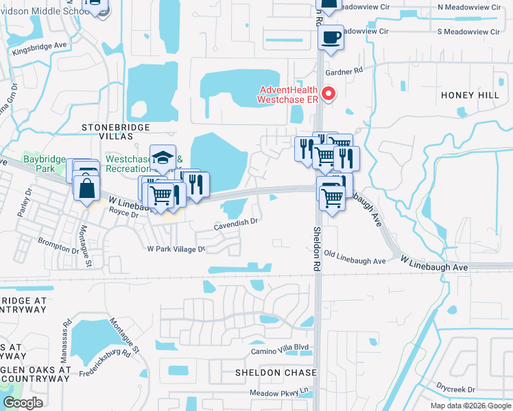 map of restaurants, bars, coffee shops, grocery stores, and more near 108 Cavendish Drive in Westchase
