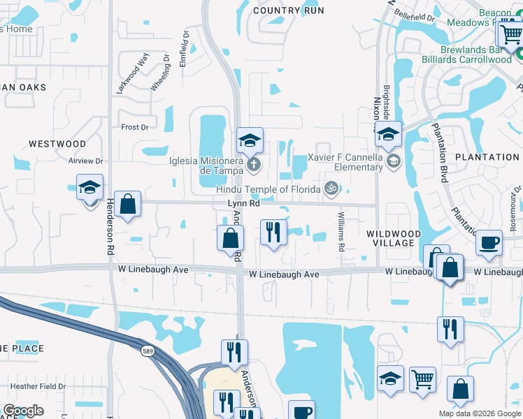 map of restaurants, bars, coffee shops, grocery stores, and more near 5914 Lynn Road in Tampa
