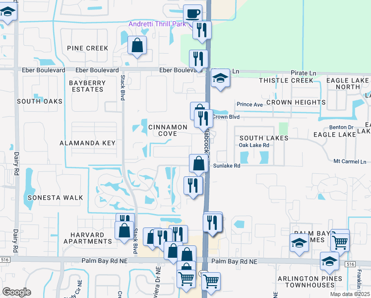 map of restaurants, bars, coffee shops, grocery stores, and more near 150 Cinnamon Cove Drive in Melbourne