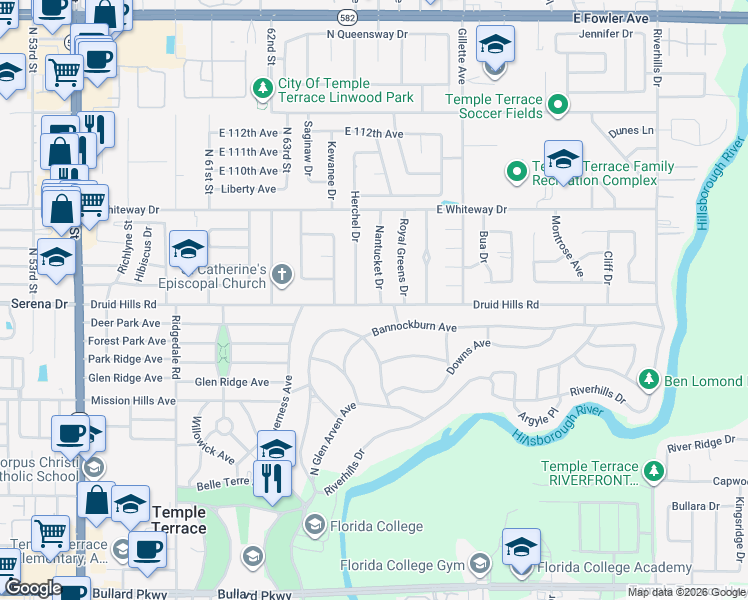 map of restaurants, bars, coffee shops, grocery stores, and more near 503 Herchel Drive in Tampa