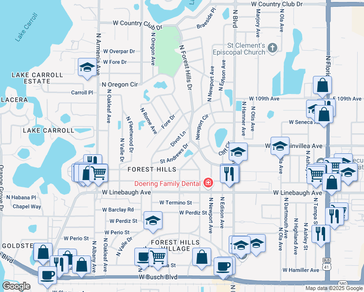 map of restaurants, bars, coffee shops, grocery stores, and more near 1321 Divot Lane in Tampa