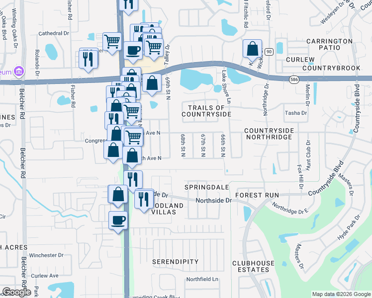 map of restaurants, bars, coffee shops, grocery stores, and more near 29762 67th Way North in Clearwater