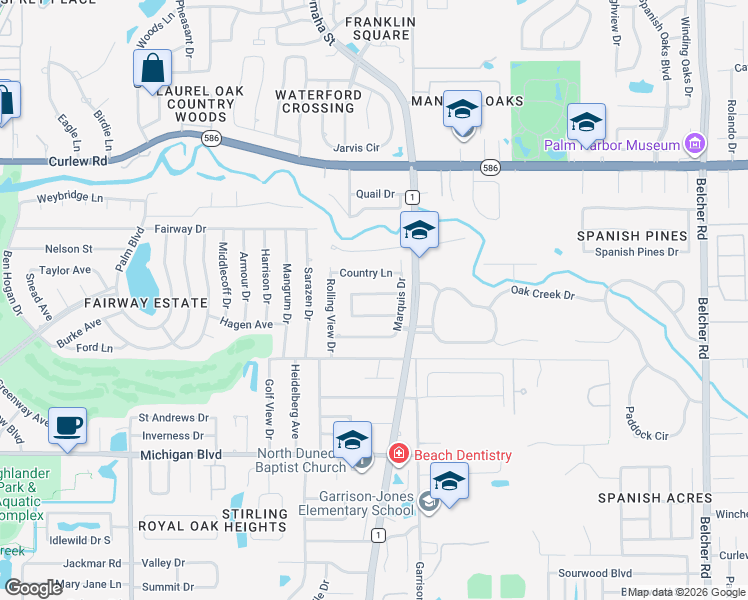 map of restaurants, bars, coffee shops, grocery stores, and more near 1670 Honeybear Lane in Dunedin