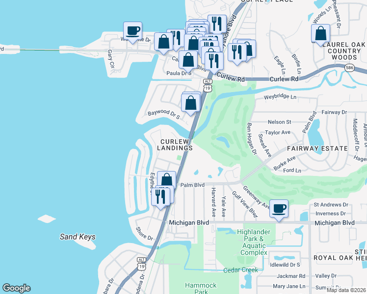 map of restaurants, bars, coffee shops, grocery stores, and more near 598 Walden Court in Dunedin