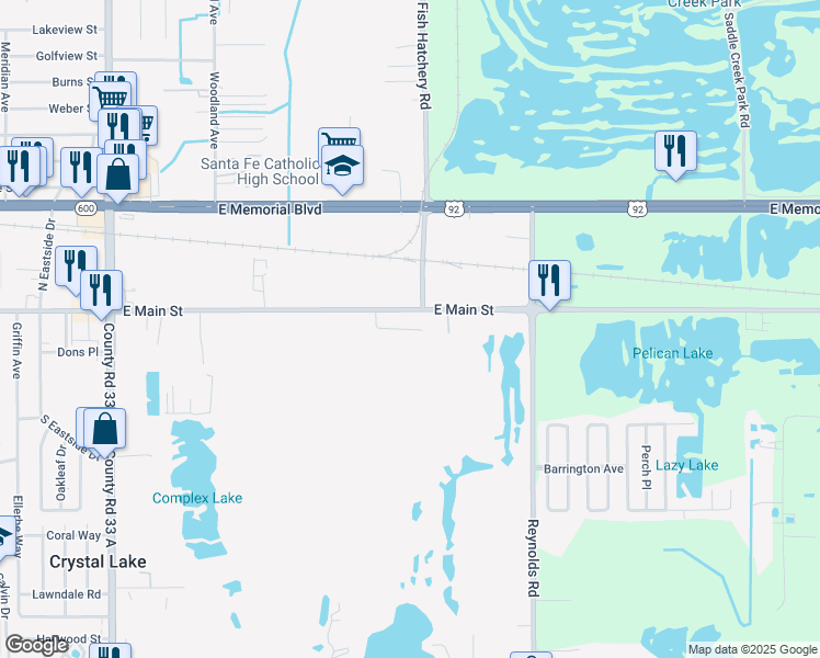 map of restaurants, bars, coffee shops, grocery stores, and more near Eleanor Drive in Lakeland
