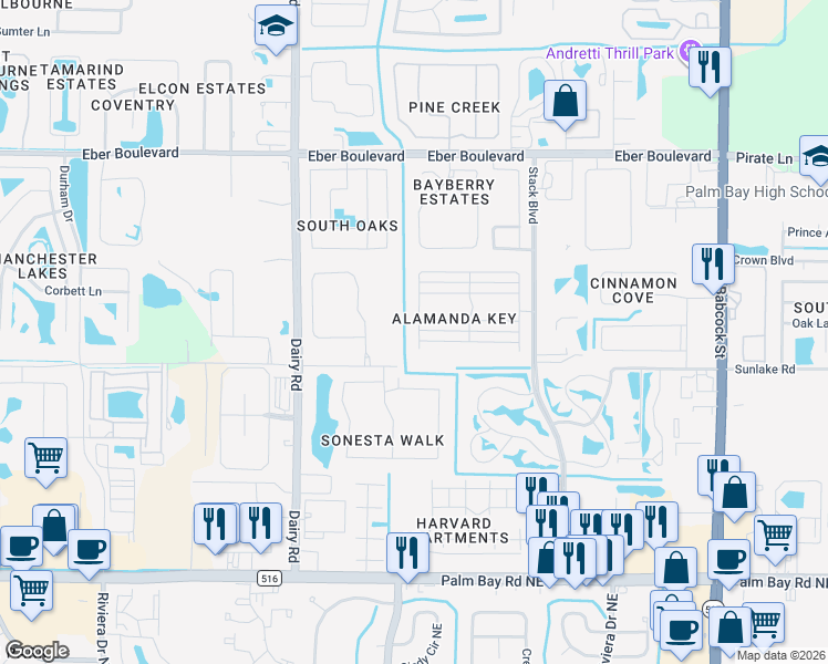 map of restaurants, bars, coffee shops, grocery stores, and more near 3740 Alamanda Key Drive in Melbourne