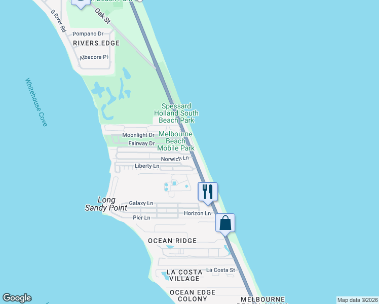 map of restaurants, bars, coffee shops, grocery stores, and more near 403 Fairway Drive in Melbourne Beach