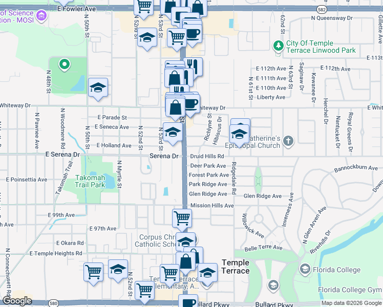 map of restaurants, bars, coffee shops, grocery stores, and more near 5125 Holland Avenue in Temple Terrace