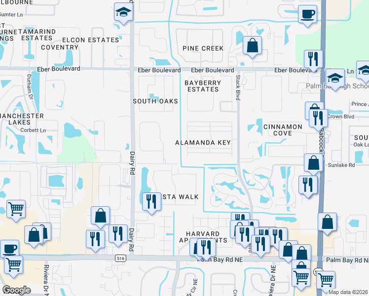 map of restaurants, bars, coffee shops, grocery stores, and more near 3740 Alamanda Key Drive in Melbourne
