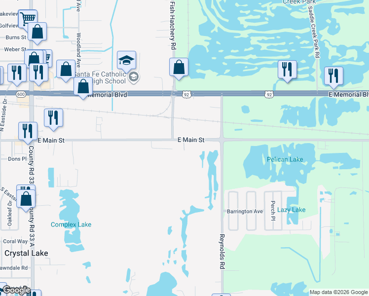 map of restaurants, bars, coffee shops, grocery stores, and more near 3315 E Main St in Lakeland