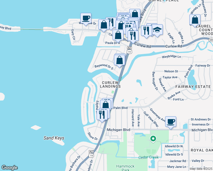 map of restaurants, bars, coffee shops, grocery stores, and more near 598 Walden Court in Dunedin