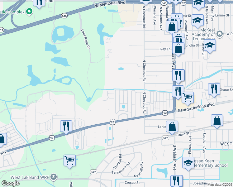 map of restaurants, bars, coffee shops, grocery stores, and more near 411 Alice Drive in Lakeland