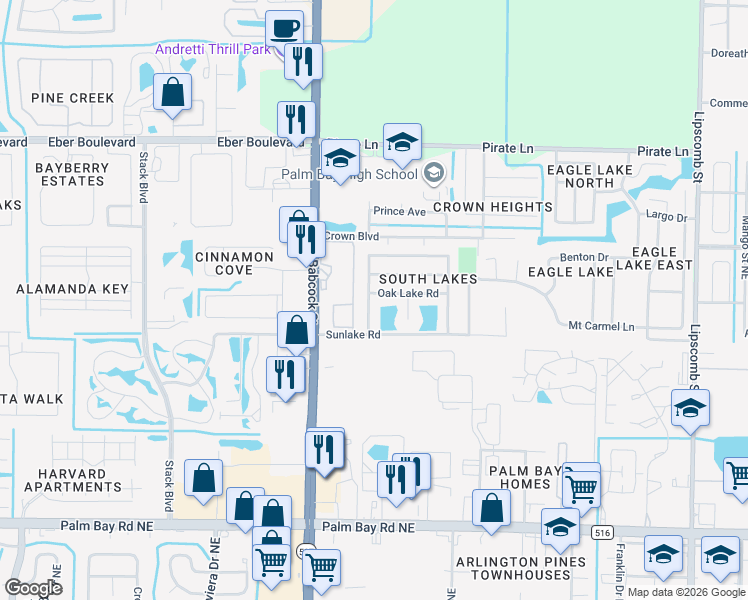 map of restaurants, bars, coffee shops, grocery stores, and more near 100 Oak Lake Road in Melbourne