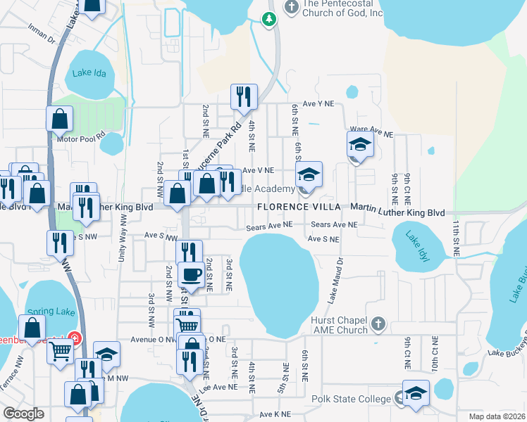map of restaurants, bars, coffee shops, grocery stores, and more near 501 Martin Luther King Boulevard Northeast in Winter Haven