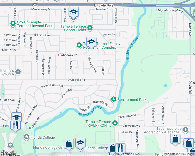 map of restaurants, bars, coffee shops, grocery stores, and more near 6627 Glencoe Drive in Tampa