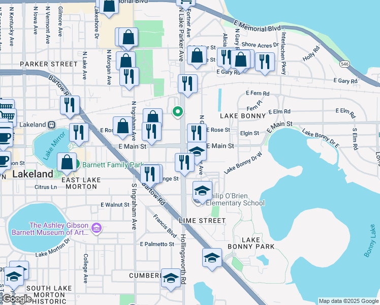 map of restaurants, bars, coffee shops, grocery stores, and more near 1201 East Main Street in Lakeland
