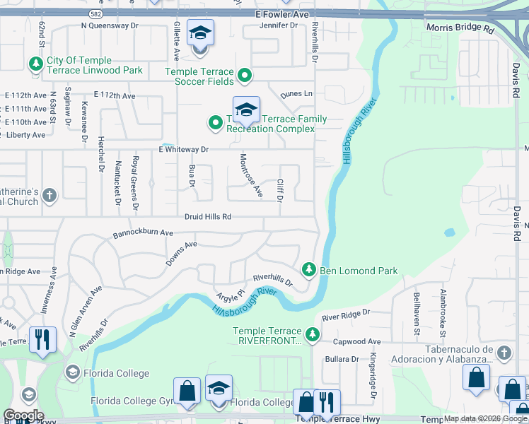 map of restaurants, bars, coffee shops, grocery stores, and more near 6627 Glencoe Drive in Tampa
