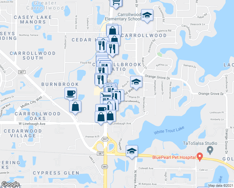 map of restaurants, bars, coffee shops, grocery stores, and more near 10403 Butia Place in Tampa