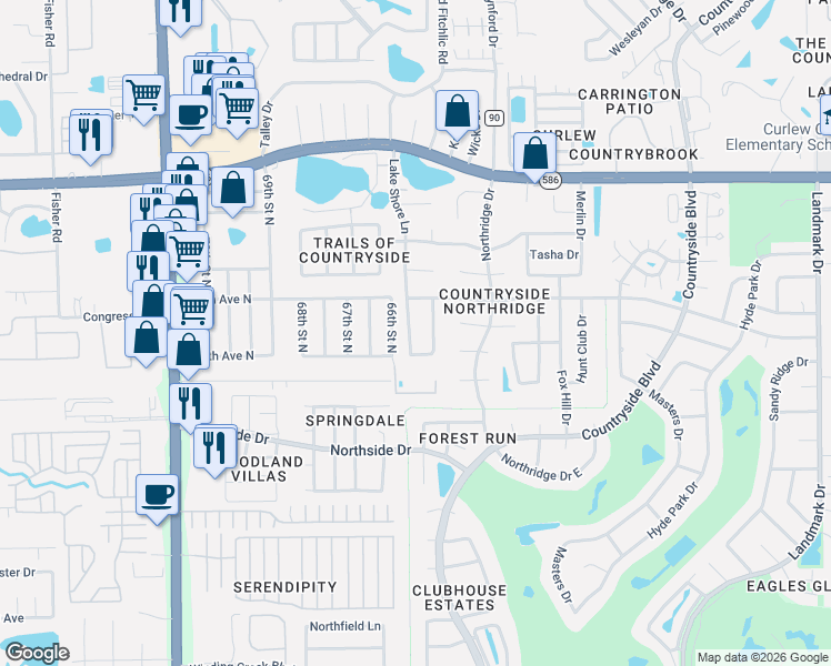 map of restaurants, bars, coffee shops, grocery stores, and more near 3360 Lake Shore Lane in Clearwater