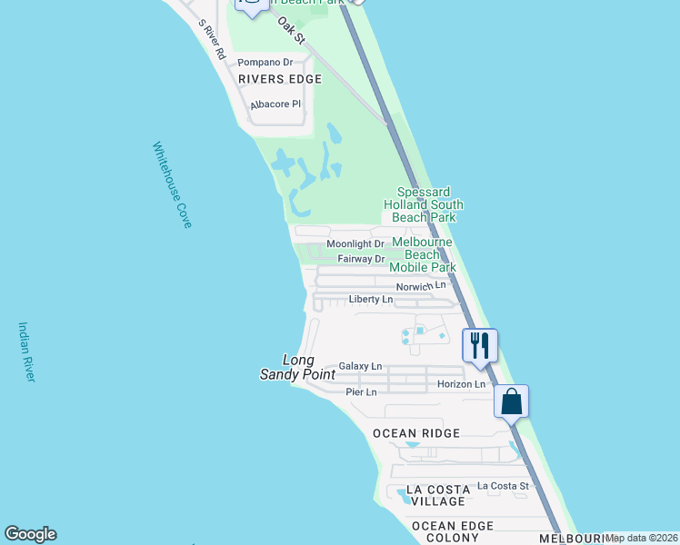 map of restaurants, bars, coffee shops, grocery stores, and more near 407 Norwich Lane in Melbourne Beach