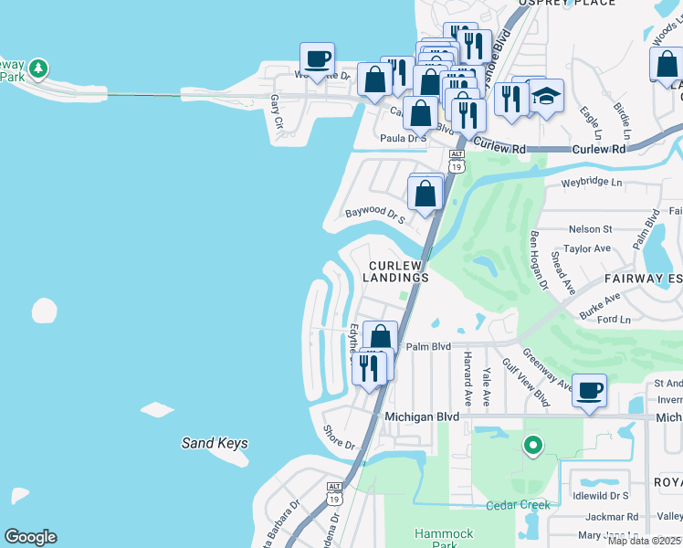 map of restaurants, bars, coffee shops, grocery stores, and more near 2299 Lagoon Drive in Dunedin