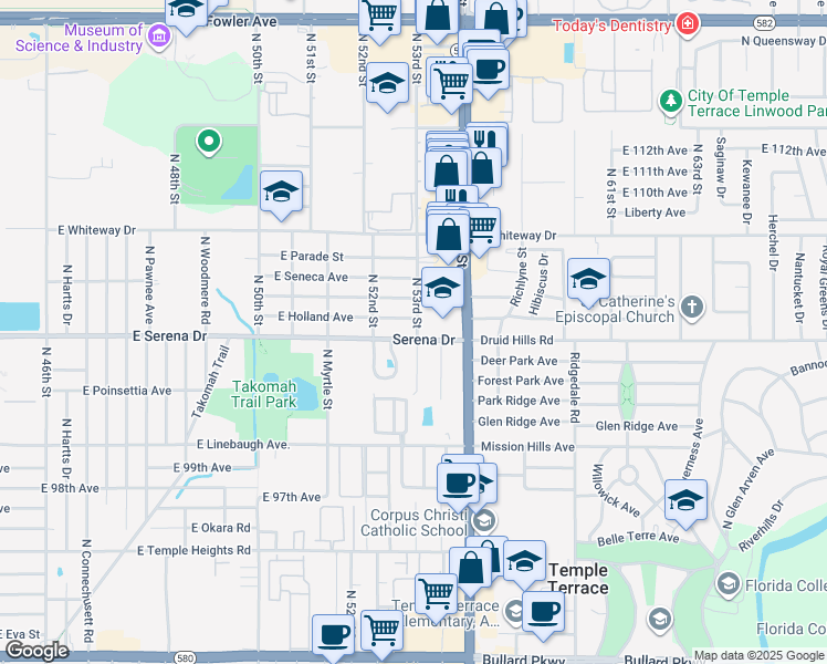 map of restaurants, bars, coffee shops, grocery stores, and more near 5218 Serena Drive in Temple Terrace